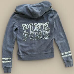 Y2K Victoria Secret Pink Full Zip Hoodie Jacket Bling Sequin Gray XS Bimbo 2010s